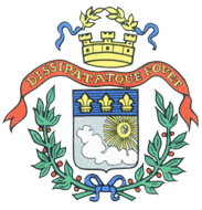 Das Wappen der Kreisstadt Saarlouis. Aufschrift "Dissipat Atque Vovet"