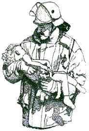 Feuerwehrmann Saarlouis mit gerettetem Kind im Arm. Bild (Zeichnung von ...)